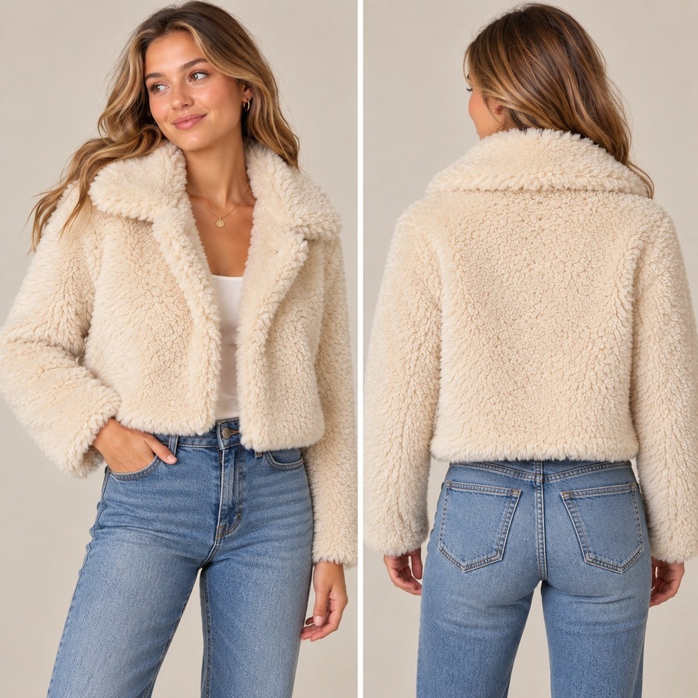 Lauren Conrad Faux Fur Jacket Ivory Tusk Cropped Sherpa Teddy Coat Sz Small